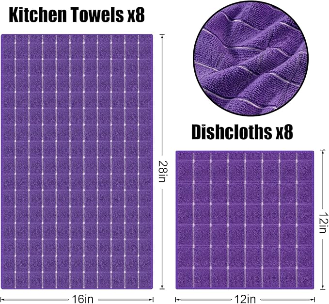 Homaxy Microfiber Kitchen Towels and Dishcloths Set, 20 Pack Soft and Absorbent Dish Hand Towels Bulk, 28 x 16 Inch & 12 x 12 Inch Quick Drying Rags for Washing Dishes, Purple