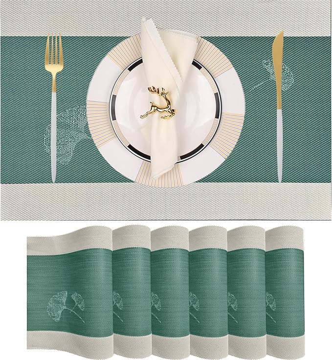 PIGCHCY Rustic Placemats Set of 6, Easy to Clean Placemats Washable Non-Slip Luxurious Durable Table Mats for Home/Dining Room Decoration (Green,18 X 12 inches)