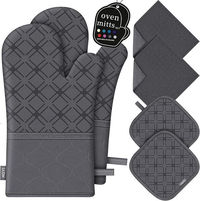 Oven Mitts and Pot Holders Set with Dishcloths, 500 Degree Heat Resistant Oven Gloves and Hot Pads, Premium Soft Cotton Kitchen Mittens and Dish Cloth Sets-Deep Grey