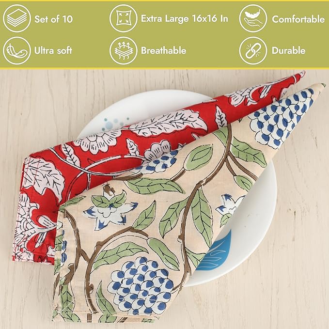 Marubhumi 10 Pc Cotton Cloth Napkins- Hand Block Print, Eco-Friendly, Dinner Napkins, Floral,Hand Made Size 16x16 Inch Printed Home Decor Multicolored