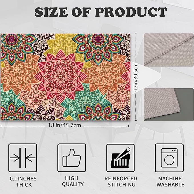 Boho Mandela Linen Placemats Set of 6,12x18 Inch Vintage Ethnic Floral Washable Table Mats Heat Resistant Place Mats for Home Party Kitchen Dining Decoration