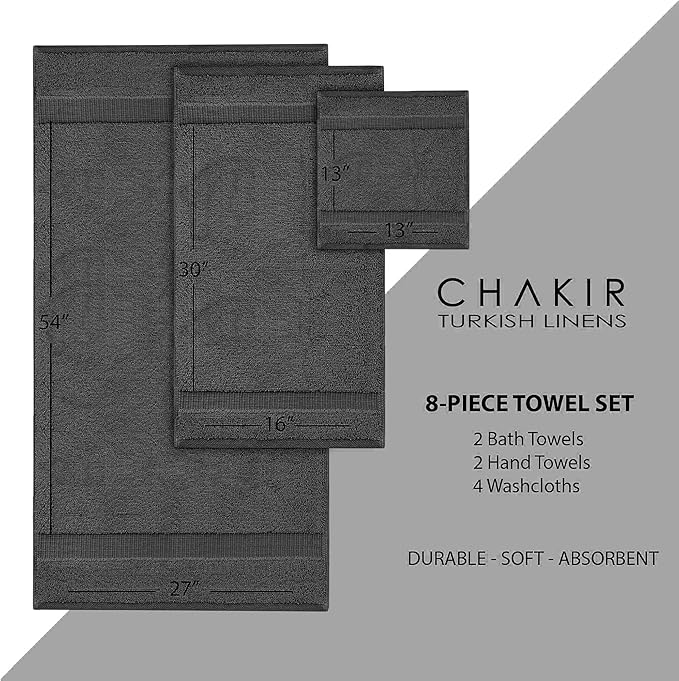Chakir Turkish Linens | Hotel & Spa Quality 100% Cotton Premium Turkish Towels | Soft & Absorbent (8-Piece Towel Sets, Dark Gray)