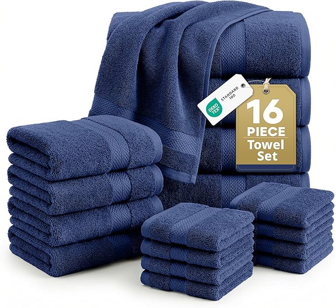 LANE LINEN Luxury Cotton Bath Towel Set - 16 Piece - Low Twist, Soft & High Absorbency - 4 Bath, 8 Wash cloths, 4 Hand Towels - Classic Hotel Quality, Durable & Ideal for Modern Bathrooms - Navy Blue