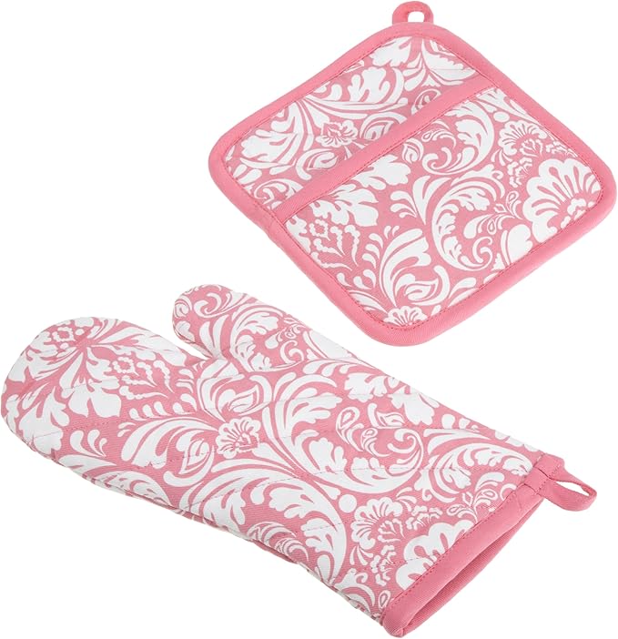 DII Quilted Kitchen Oven Mitt & Potholder Set, Hanging Loop for Convenient Storage, OM 6.5x12/PH 8x8.5, Pink Damask Print, 2 Piece