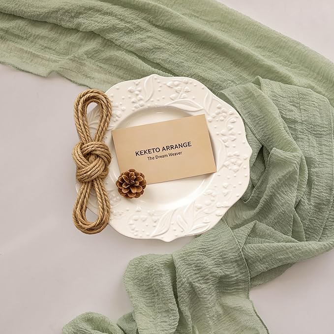 Keketoarrange Sage Green Table Runner Easter Decor Cheesecloth 120 Inch 10 FT Rustic Boho Cheese Cloth Runner for Wedding Baby Shower Bridal Shower Sheer Gauze Centerpiece Spring Home Decorations