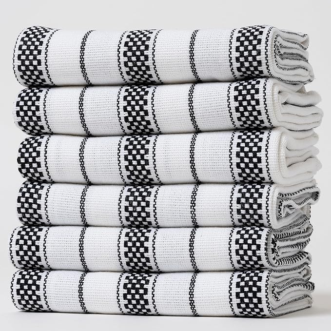 Kitchen Towels Set – Pack of 6 (20’’ x 30’’) Extra Large Premium Cotton Dish Towels for Kitchen – Chain Stripe Towels – Absorbent – 100% Cotton – with Hanging Loop – Black