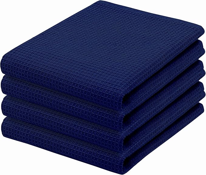PurpleEssences Waffle Weave Kitchen Towel, 100% Cotton - 15x25 Inches with Hanging Loop, Ultra Soft Absorbent Quick Drying Dish Cloth, Tea and Hand Towels, 4 Pack - Spring Easter Summer - Navy Blue