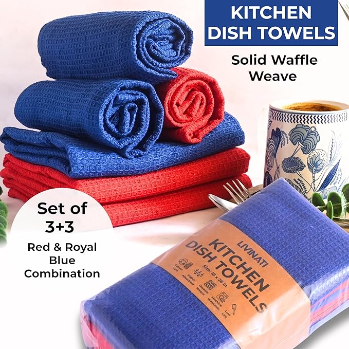 Highly Absorbent Cotton Dish Towels for Drying - Set of 3+3 - Royal Blue + Red Kitchen Towels - 18"X28" Lint Free Waffle Weave Cloth Linen Hand Bathroom Bulk Dishtowels