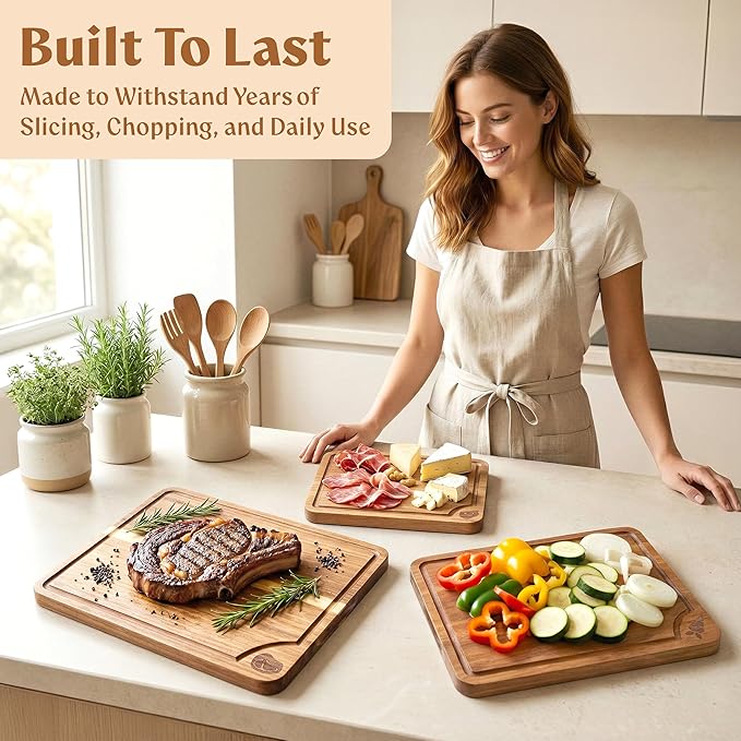 EDELHAUS Cutting Boards for Kitchen (Set of 3) Beeswax Finished Acacia Wood Cutting Board, Mineral Oil Free Wooden Cutting Boards non Toxic with Juice Groove, Non-Slip Feet, Charcuterie Boards
