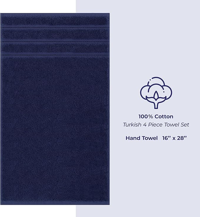 American Soft Linen Luxury Hand Towels for Bathroom, 600 GSM Heawy Weight 16x28 Size 100% Cotton Turkish 4 Piece Hand Face Towel Set, Navy Blue Hand Towels