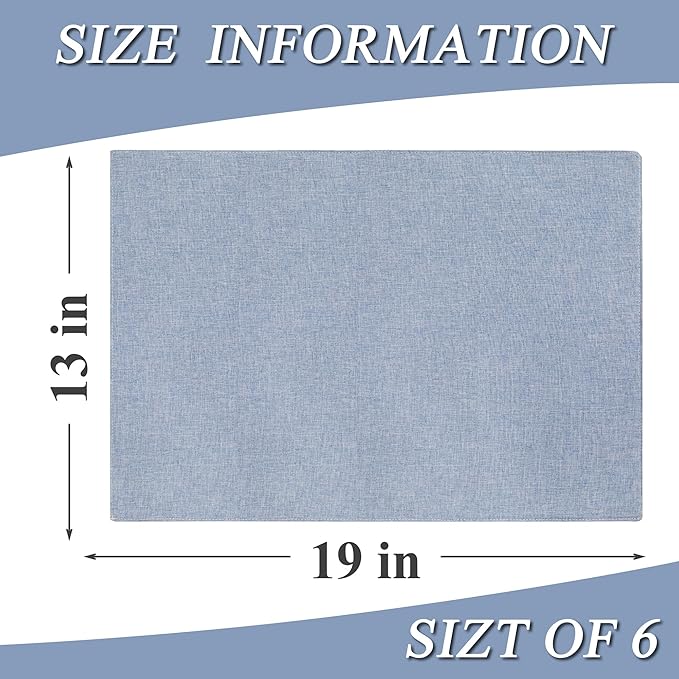 Linen Cloth Double Layers Placemats, Cotton Woven Placemats Set of 6, Kitchen Table Farmhouse Decor Heat Resistant Table Mats, Outdoor Indoor Square Fabric Place Mats Can be Washable (Sky Blue)