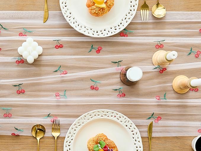 YATOJUZI Embroidery Cherry Table Runner Girly Rustic Decorations Summer Seasonal Fruits Floral Home Kitchen Decor Tulle Dining Table Runners for Wedding Shower Party