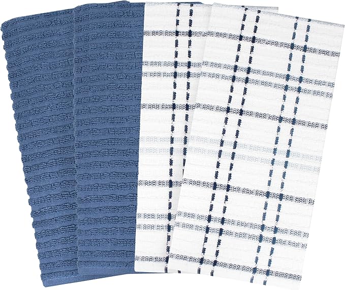 Ritz Royale Collection 100% Combed Terry Cotton, Highly Absorbent, Kitchen Towel Set, 13-3/4" x 12", 4-Pack, Solid & Checked, Federal Blue