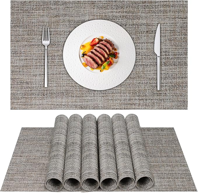 DACHUI Placemats Set of 6, Linen Look Woven Place Mats, Water Resistant, Heat Resistant, Washable, Durable Table Mats (Caramel)
