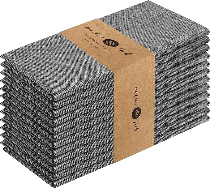 Native Fab Set of 12 Chambray Cloth Napkins - 100% Cotton, 17x17 Inches, Soft, Durable, Washable, Reusable Dinner Napkins - Table Linen for Wedding, Restaurant, Kitchen, Parties, Daily Use, Black