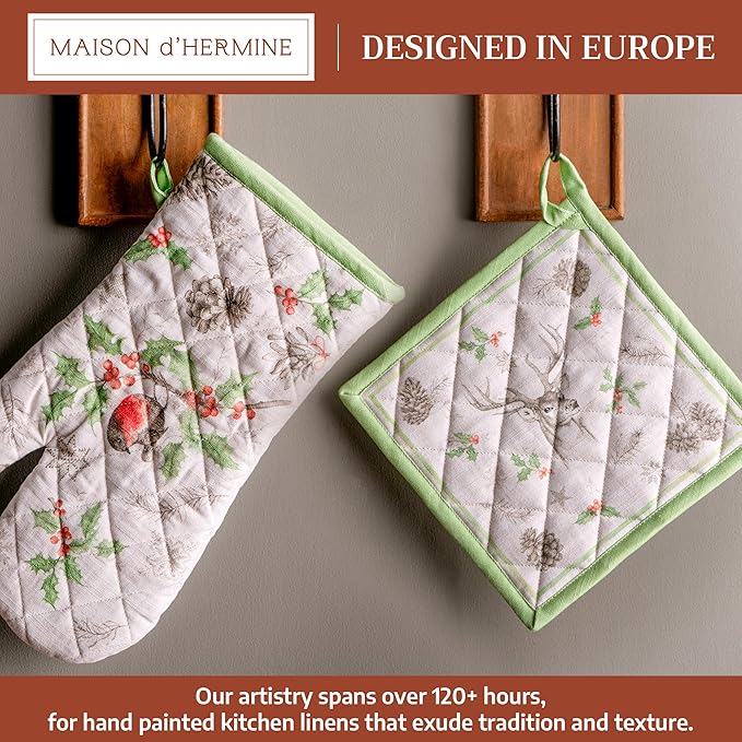 Maison d' Hermine 100% Cotton Oven Mitt & Pot Holder Set (7.5"x13" & 8"x8") Heat Resistant BBQ Cooking Gloves with Loop for Thanksgiving Christmas Decorations Handling Hot Pans (Christmas Dew)