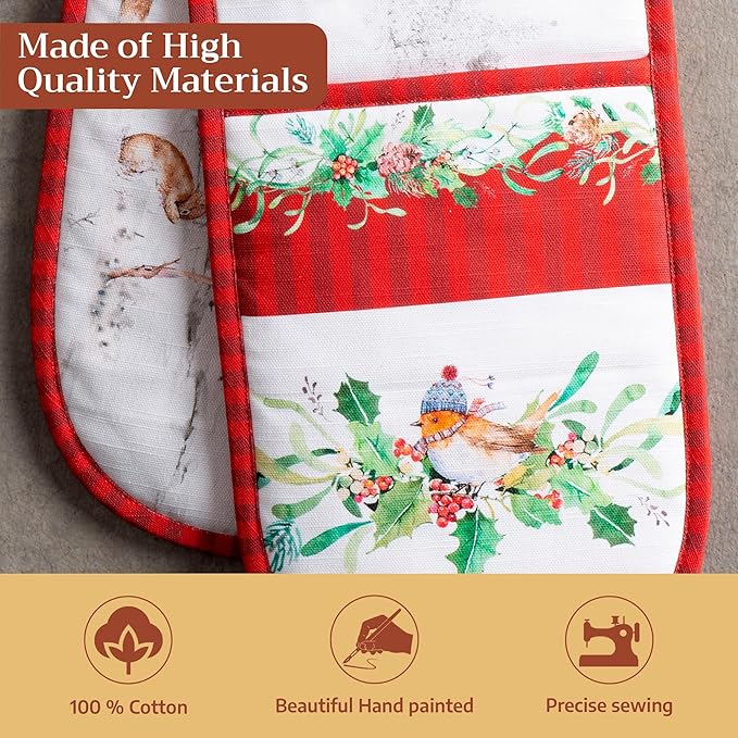 Maison d' Hermine Double Oven Mitt (7" x 35") 100% Cotton Heat Resistant BBQ Cooking Gloves with Loop for Thanksgiving Christmas Decorations Baking Cooking Handling Hot Pan (Christmas Tradition)