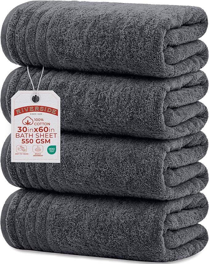 RIVERSIDE Pack of 4 Premium Extra Large Gray Bath Towels 30 x 60 Inches, 100% Cotton, Super Soft & Highly Absorbent, Larger & Lighter Weight, Quicker to Dry, Perfect for Bathroom