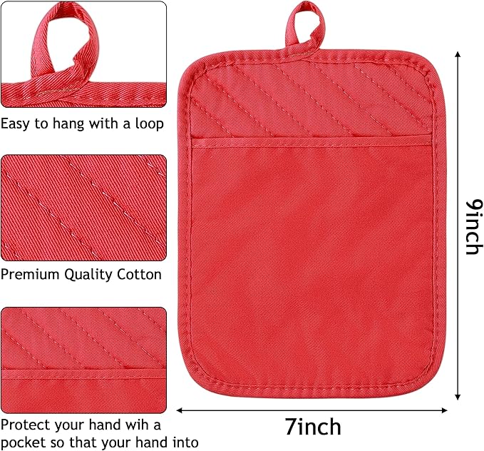 R HORSE 6Pcs Christmas Red Pot Holders with Pocket for Kitchen Cotton Pocket Pot Holder Set Heat Resistant Potholder Terry Coaster Oven Mitts Hot Pads Trivet for Baking Cooking 7''x9''