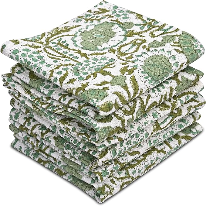 CPC Agate Green Hand Block Printed Cotton Waffle Dish Cloth Set of 6-12x12 Inch Super Absorbent, Soft, Reusable Kitchen Towels for Dish Drying & Cleaning Ideal for Spring, Mother's Day