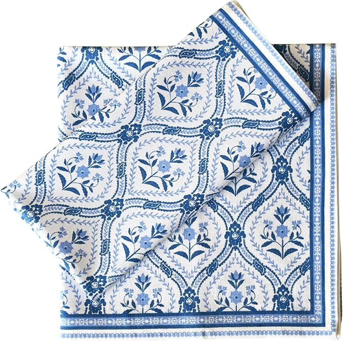 FINGERCRAFT Cloth Napkins, Set of 12 Cotton Linen Blend Printed Dinner Napkins Cloth Mitered Corner Perfect for Parties Dinners Weddings Cocktail Christmas Easter 20x20 Damask Blue