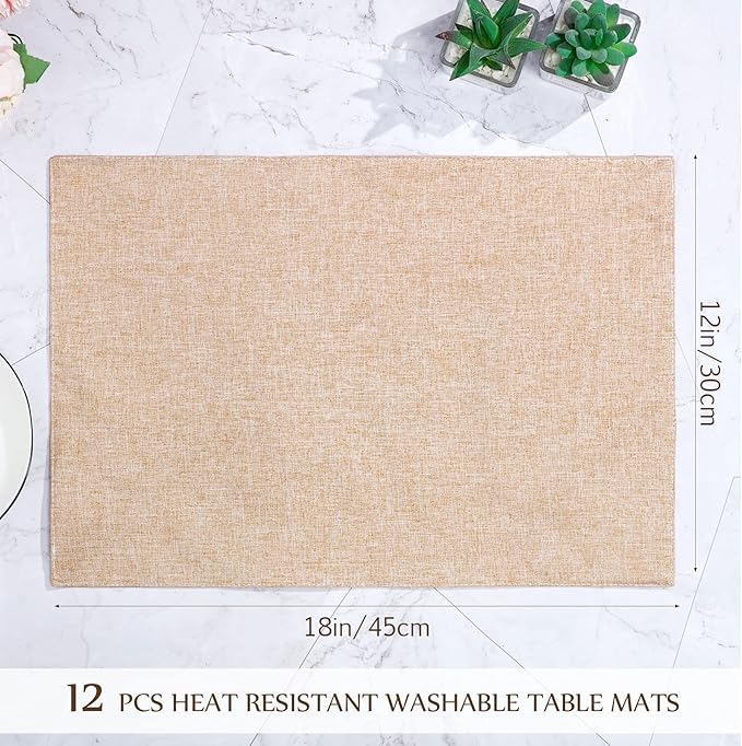 Sieral 12 Set Cloth Placemats Rectangle Dining Table Placemat Bulk 13 x 19 Inch Machine Washable Heat Resistant Cotton Linen Table Mats for Wedding Birthday Party Supplies(Beige)