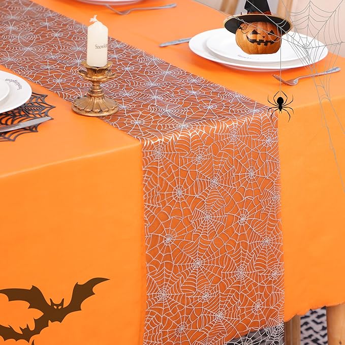 Snowkingdom Halloween Table Runner, Silver Spider Web Metallic Sequin Glitter Sheer Runners Roll 120", Black Table Decorations for Halloween, Wedding, Birthday, Themed Party, Christmas