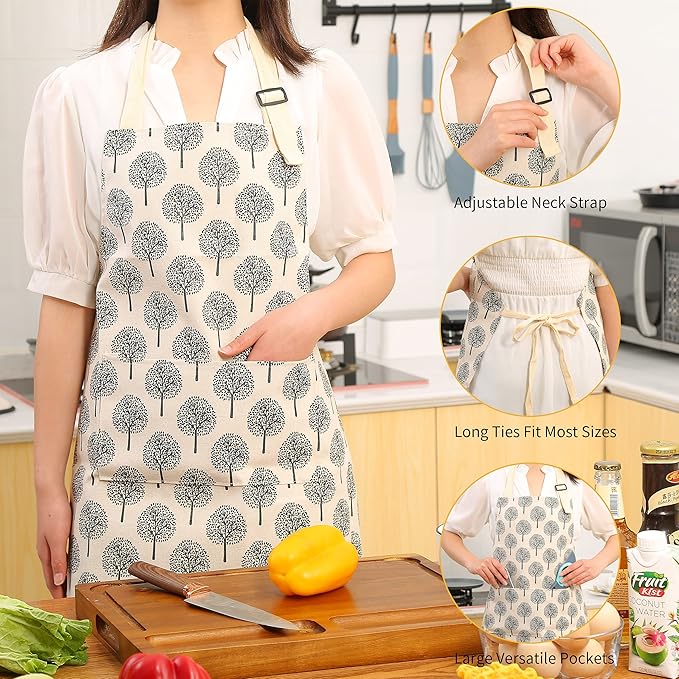 Tosewever 2 Pieces Cotton Linen Waterproof Bib Apron with 2 Pockets - Long Ties Adjustable Neck Strap - Unisex Cooking Kitchen Decorative Pattern Aprons for Women Chef (Triangle/Tree, 2)