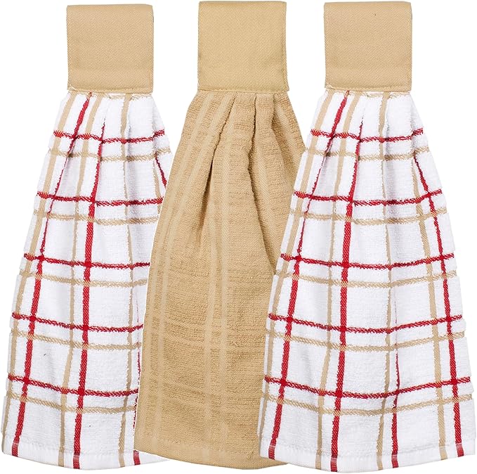 Ritz Premium 100% Cotton Solid and Multi Check Kitchen Tie Towel Absorbent, Super Soft, and Fast Drying Hang Towel, Set of Three, Biscotti