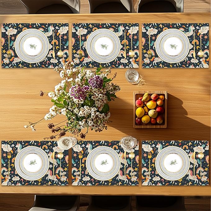 6 Pcs Placemats,Cute Unicorn Placemats,Color Rainbow Table Mats Washable Recyclable Table Placemat for Indoor Outdoor Heat Resistant Kitchen Dining 12"x18"