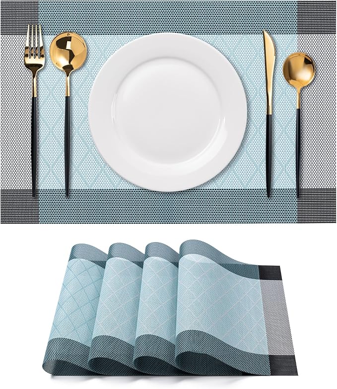 CADONO Placemats Set of 4 Washable Indoor/Outdoor Vinyl Place Mats for Dining Table Durable Non-Slip Heat Resistant PVC Weave Table Mats（Rhombus-Lake Blue）