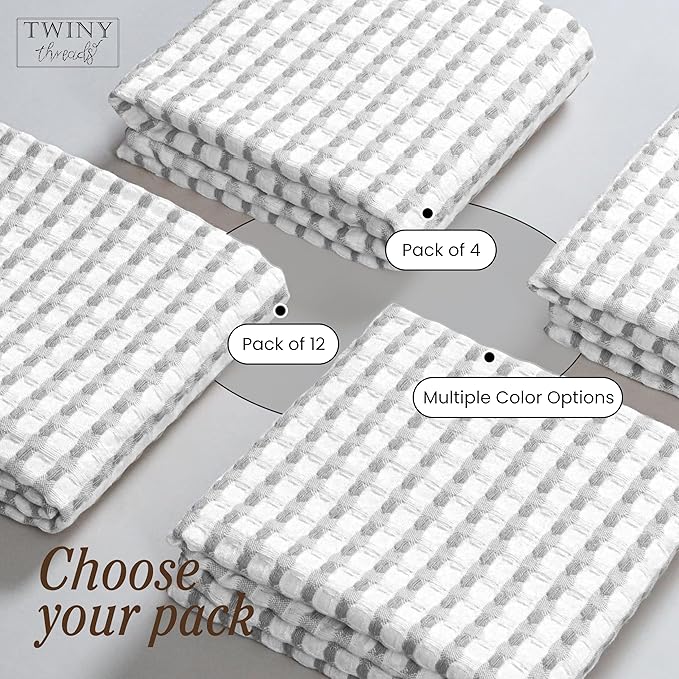 TWINY threads Waffle Kitchen Dish Towels Pack of 4, 100% Cotton 16"x26" Dishcloths Set, Soft, Durable & Highly Absorbent Waffle Weave Tea Towels for Everyday Kitchen Use, Light Grey, White