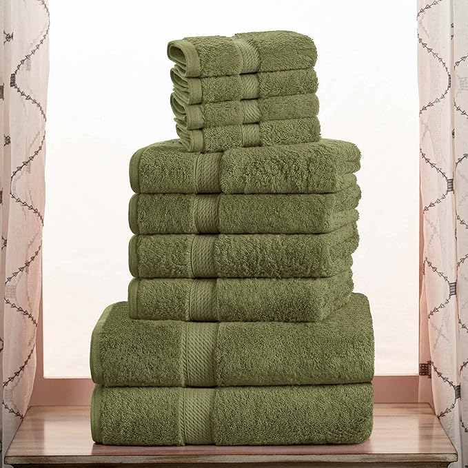 Superior Egyptian Cotton Pile 10 Piece Towel Set, Includes 2 Bath, 4 Hand, 4 Face Towels/ Washcloths, Ultra Soft Luxury Towels, Thick Plush Essentials, Guest Bath, Spa, Hotel Bathroom, Forest Green