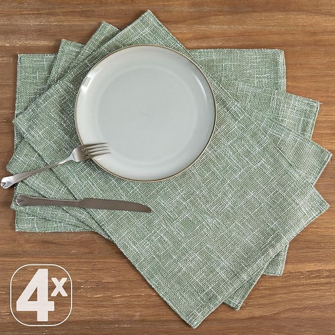 JINCHAN Burlap Textured Placemats Set of 4 Farmhouse Cloth Place Mats Table Mats Sturdy Fabric Placemats for Kitchen Dining Table Double Layer Heat Resistant Tablemats 13 x 19 Inch Green