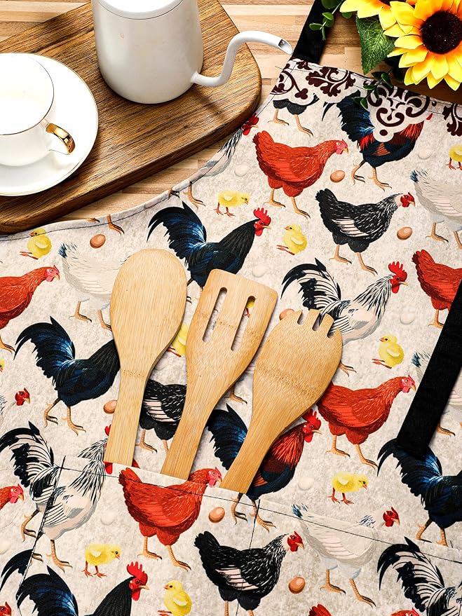 Geetery 4 Pcs Chicken Aprons for Women Rooster Print Apron Waterproof Adjustable for Kitchen Cooking
