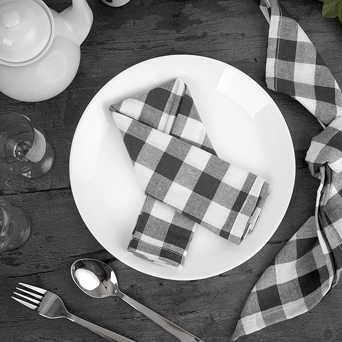 FINGERCRAFT Cloth Napkins, Everyday Use, Premium Quality, Cotton Buffalo Plaid, Set of 12, 20X20 Inch Oversized Napkins Cloth Mitered Corners, Soft, Durable Hotel Quality Charcoal White Checkered