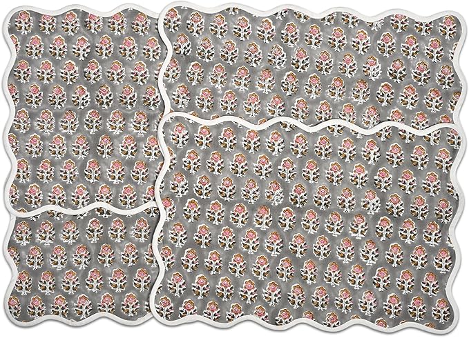 CPC Cotton Placemats Labra Grey Set of 4-Hand Block Printed Reversible Placemats, Flower Scalloped & Embroidered Cloth Table Mats - 14 x 20 inch Gift for Spring, Mother's Day