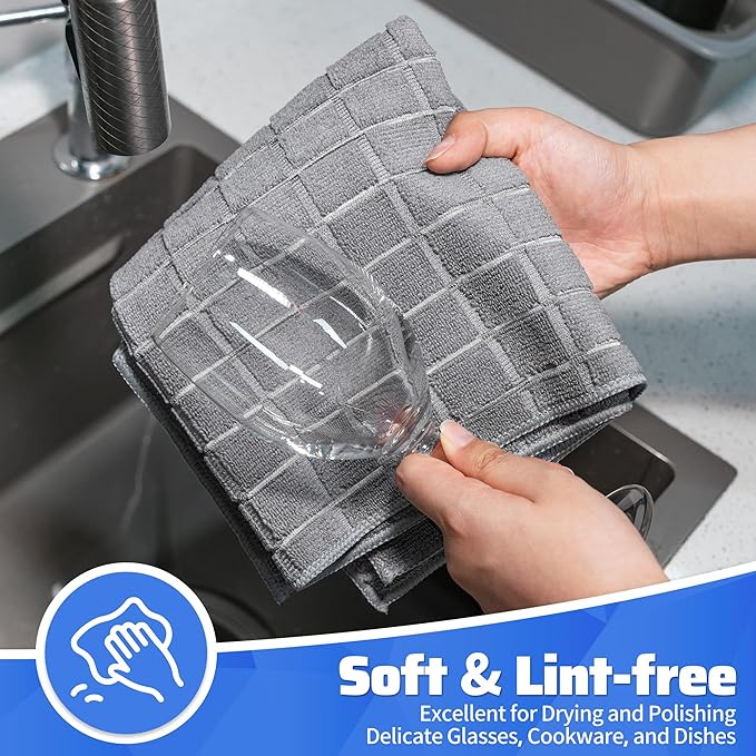 Kitchen Towels, 8 Pack Microfiber Cleaning Cloth, 25'' x 15'' Dish Towels, 270 GSM Checkered All-Purpose Reusable Lint Free & Absorbent Hand Towels for Kitchen Home Tea Bar Shop