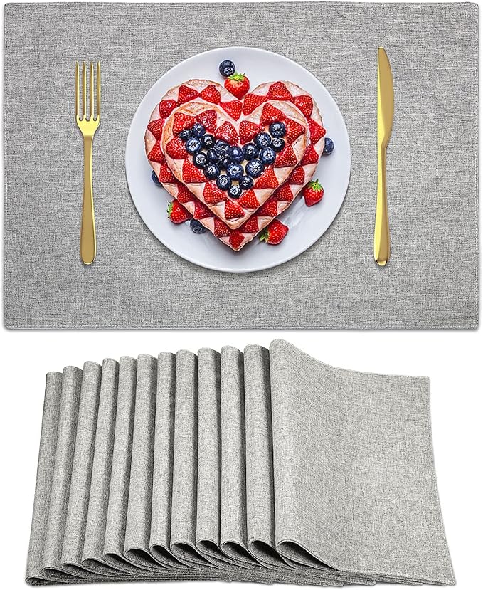 Sieral 12 Set Cloth Placemats Rectangle Dining Table Placemat Bulk 13 x 19 Inch Machine Washable Heat Resistant Cotton Linen Table Mats for Wedding Birthday Party Supplies(Light Grey)