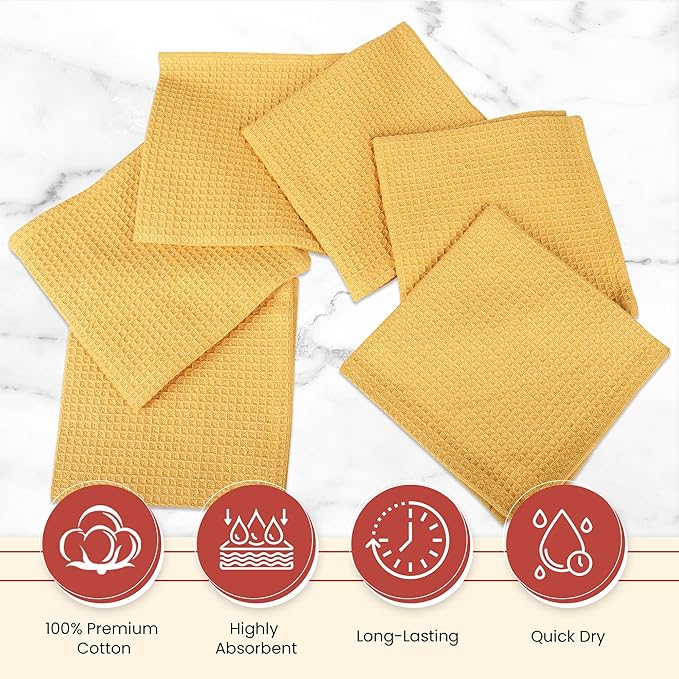 Vintage Vista 100% Cotton Waffle Dish Cloths (Pack of 6) - Dish Rags for Washing Dishes - Reusable & Highly Absorbent Kitchen Towels - Kitchen Rags fo Easter - (12" x 12" - Yellow)
