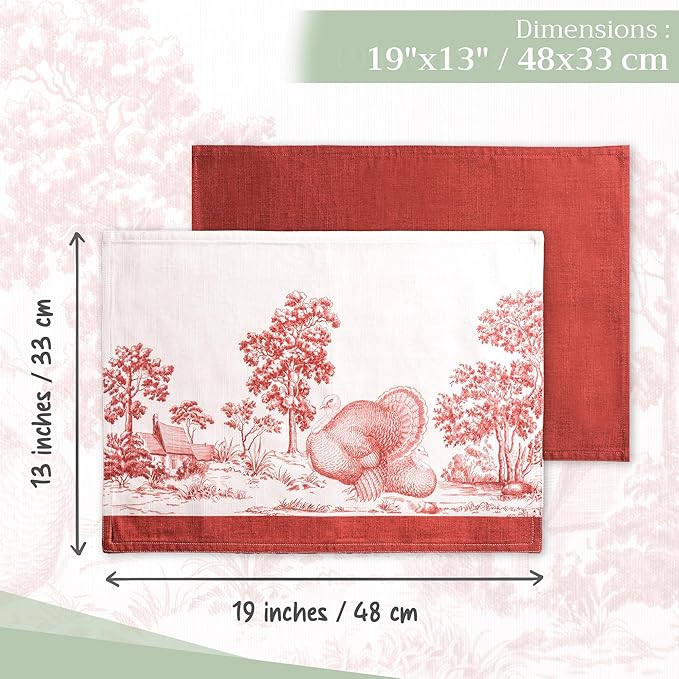 Maison d' Hermine Placemats Set of 4 100% Cotton Washable Cloth Place Mats, Reusable Table Mats for Thanksgiving Christmas Decorations Kitchen Dining Party Wedding (Holy Jouy - Red, 13" x 19")