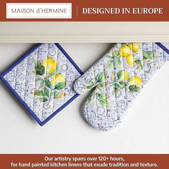 Maison d' Hermine 100% Cotton Oven Mitt & Pot Holder Set (7.5"x13" & 8"x8") Heat Resistant BBQ Cooking Gloves with Loop Baking Grilling Kitchen Gifts for Mothers Day Spring/Summer (Citrus)