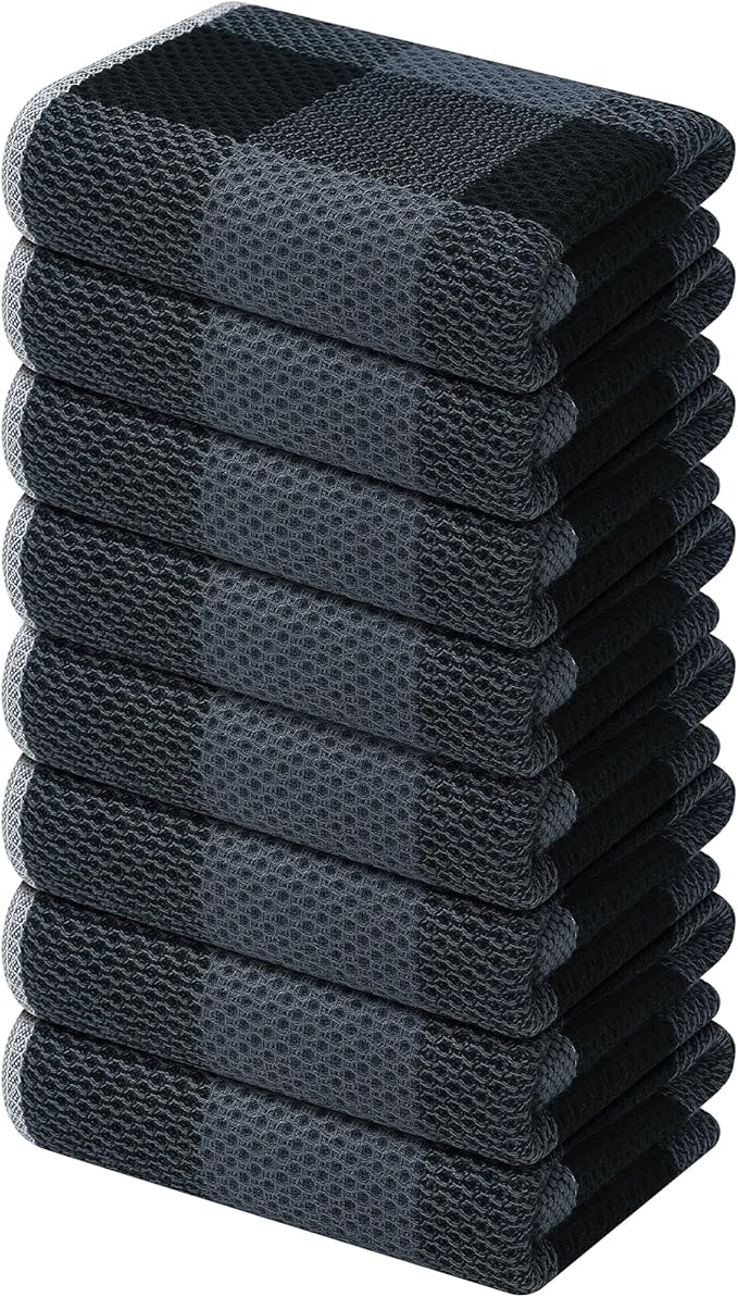 Mordimy 100% Cotton Waffle Weave Kitchen Towels, 13 x 28 Inches, Super Soft and Absorbent Buffalo Check Dish Towels for Drying Dishes, 8-Pack, Black & Grey