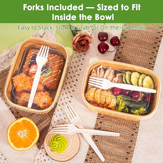 50-Pack 30oz Disposable Meal Prep Containers【with Lids and Forks】, Compostable Kraft Paper Bowls To Go Food Containers, Microwave & Freezer Safe for Hot & Cold Foods