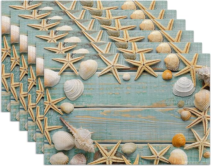 Beach Starfish Placemats Set of 6,Washable Heat Resistant 12×18 Inch Linen Table Mats Coastal Place Mats for Party Outdoor Dining Décor
