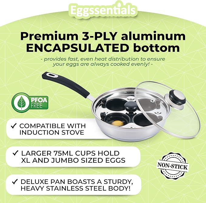 Eggssentials Egg Poacher Pan Nonstick Poached Egg Maker, Stainless Steel Egg Poaching Pan, Poached Eggs Cooker Food Grade Safe PFOA Free with Spatula