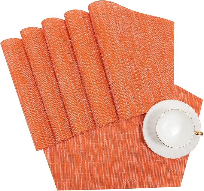 SHACOS Round Table Placemats Set of 4 Wedge Placemats Heat Resistant Woven Vinyl Table Mats for Round Table Wipe Clean (4, Orange)