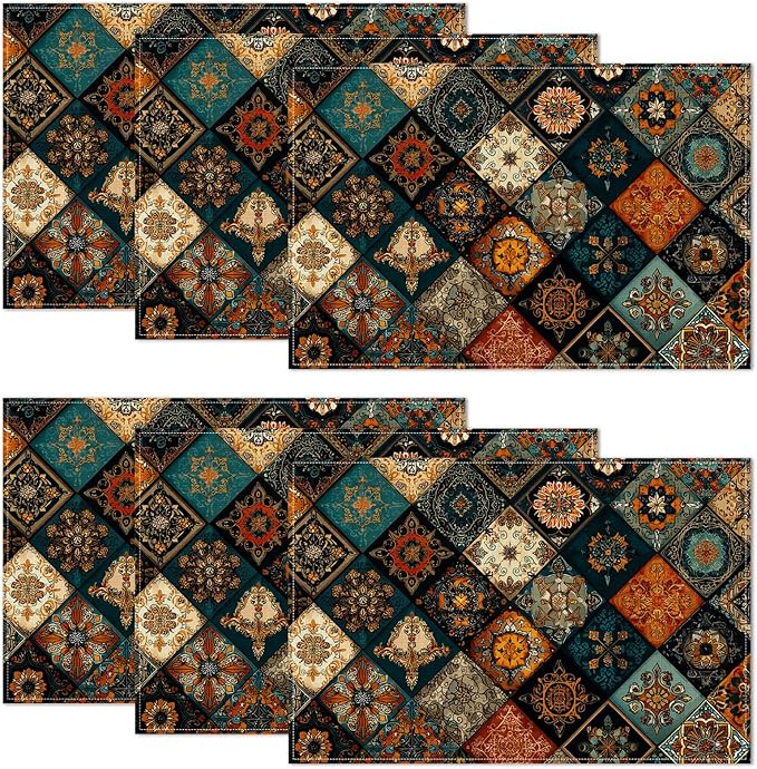 Colorful Bohemian Placemats Set of 6,12 x 18 Inch Table Mats Washable Heat Resistant Linen Fabric Rectangle Place Mat for Party Home Kitchen Dining