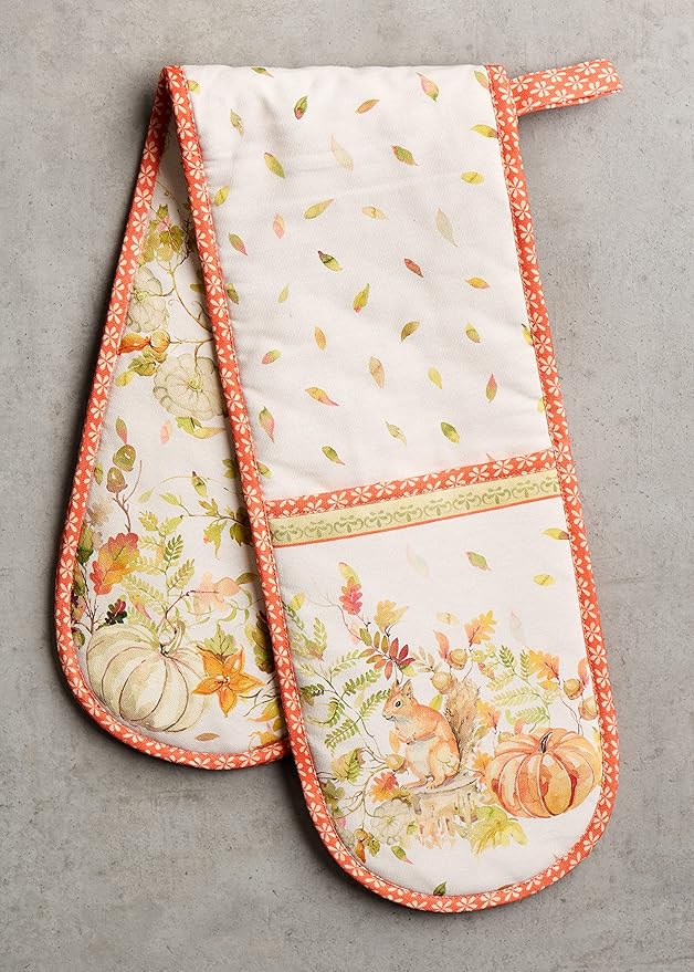 Maison d' Hermine Double Oven Mitt (7" x 35") 100% Cotton Heat Resistant BBQ Cooking Gloves with Loop for Thanksgiving Christmas Decorations Baking Cooking Barbeque Handling Hot Pan (Pumpkin Passion)
