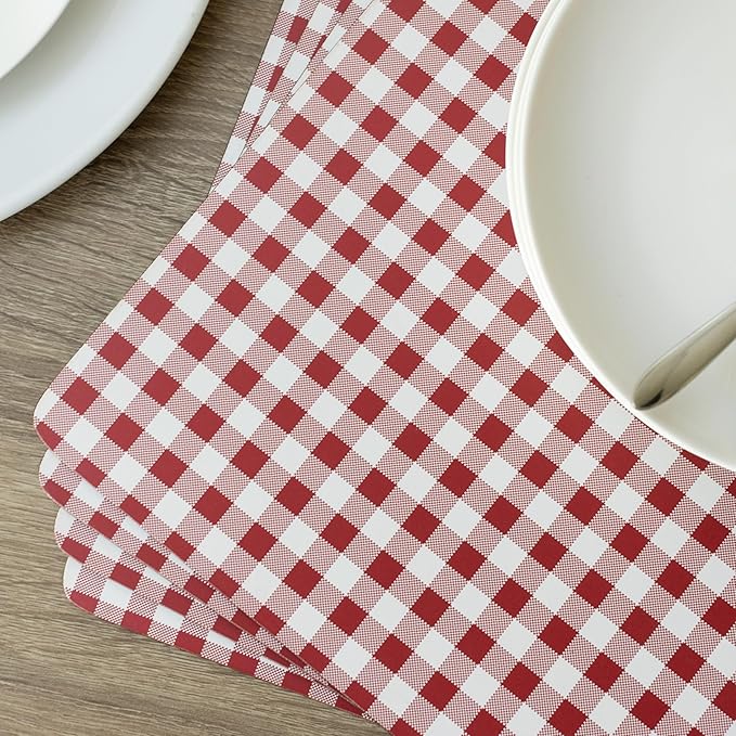 Benson Mills Cork Placemats Set of 4, Thick Cork Place Mats for Kitchen and Dining Tables, Easy Clean Table Mats (12" x 16" Rectangular Set of 4, Gingham Check Red)